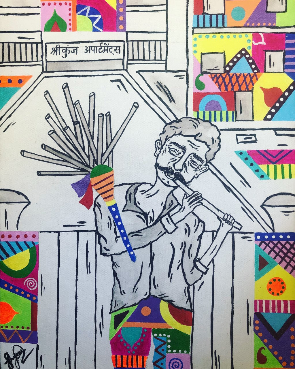 RABARI FLUTEWALA by Shyamolie Madhavji | Acrylic painting on Canvas